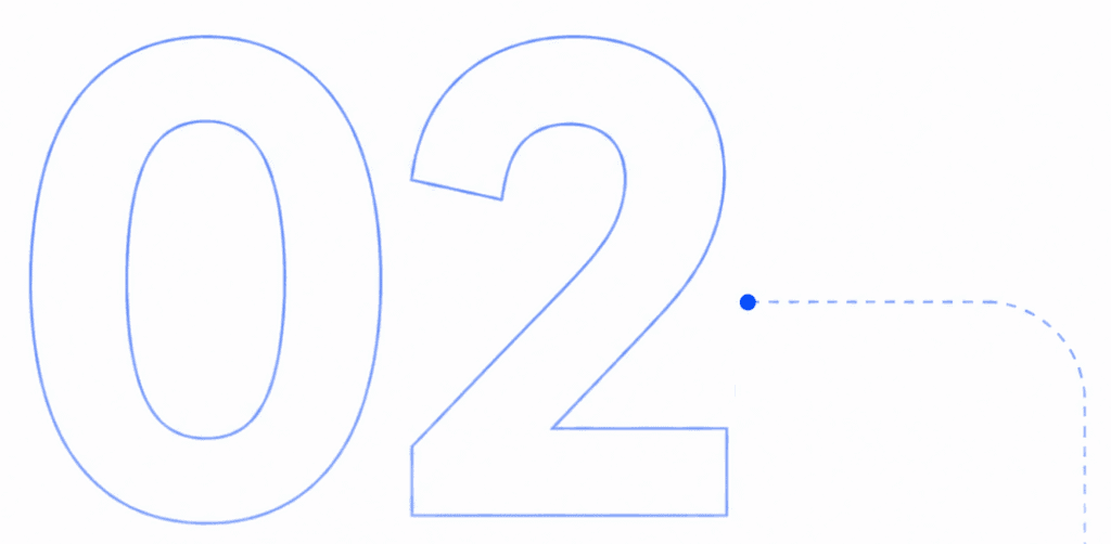 About Miura Visual | Story, Services & Evolution 27 Minimal white visual with the number 02 and blue connecting line representing connected website, visual content and visibility systems.