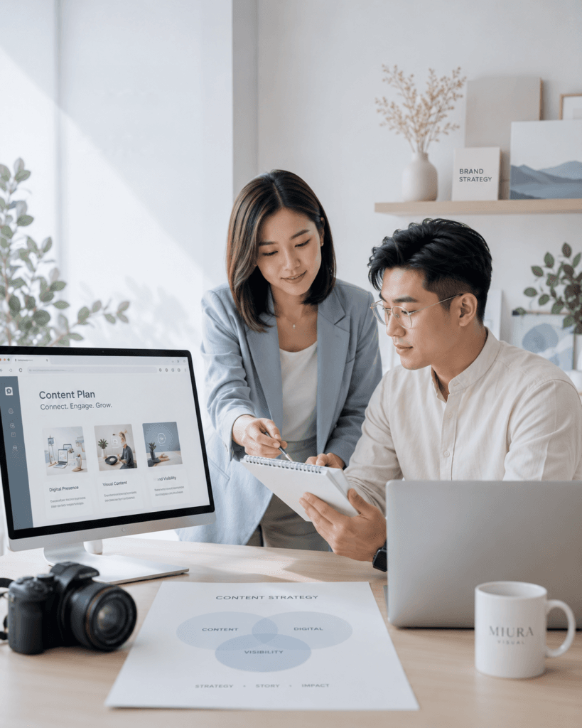 Brand Visibility Malaysia | Affiliate & Referral Content 41 Two creative professionals planning content, digital strategy and brand visibility in a modern studio