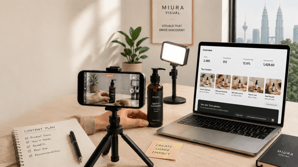 About Miura Visual | Story, Services & Evolution 19 Product content creation setup with smartphone, lighting and affiliate content workspace for Miura Visual.