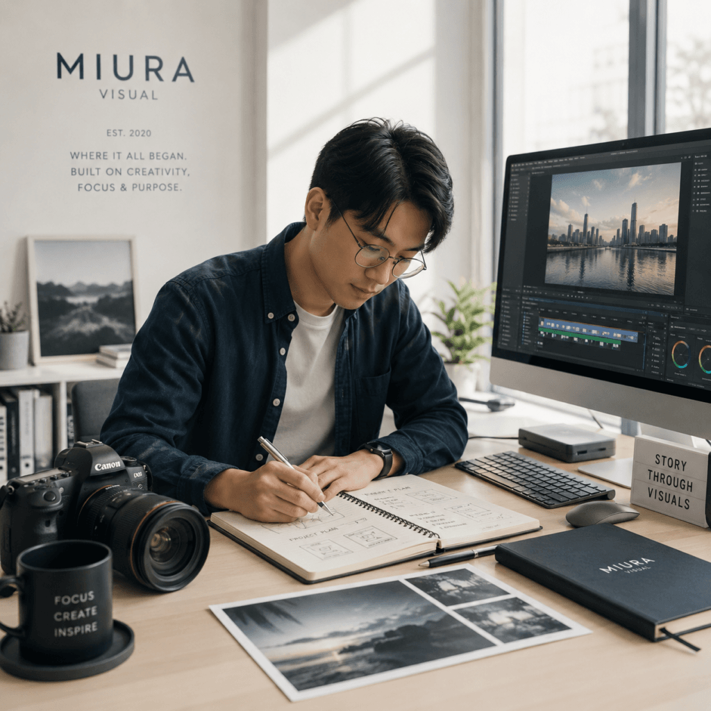 About Miura Visual | Story, Services & Evolution 22 Miura Visual creative workspace with camera, editing monitor and project planning in a Malaysia-based visual studio.