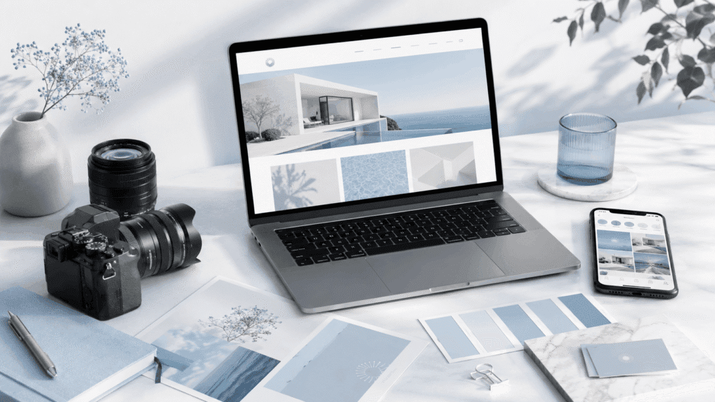 Creative workspace with camera, laptop and mobile device representing Miura Visual digital, visual and brand projects