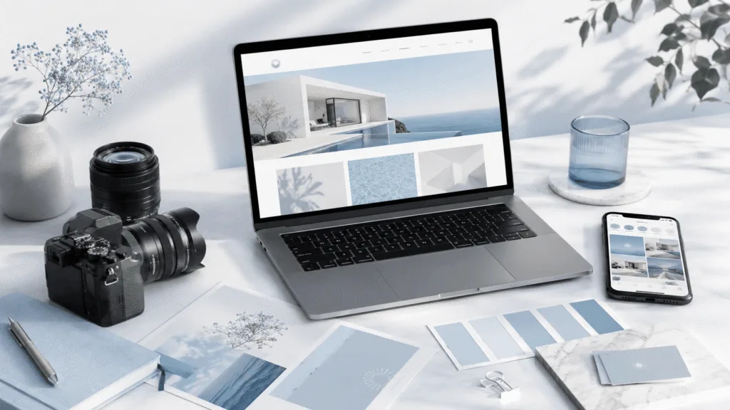 Miura Visual Portfolio | Digital, Visual & Brand Work 2 Creative workspace with camera, laptop and mobile device representing Miura Visual digital, visual and brand projects