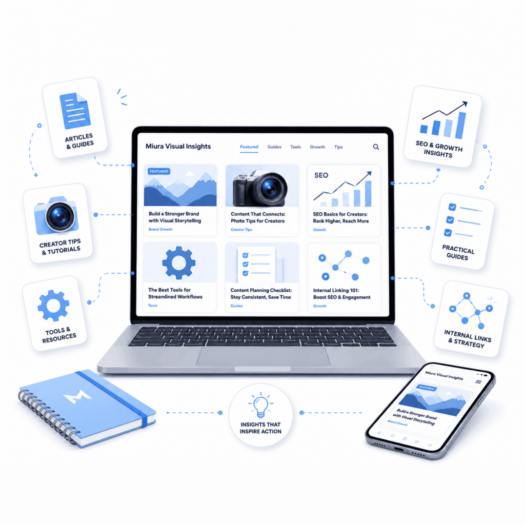 Brand & Creator Economy | SEO, Affiliate & Growth 24 Miura Visual Insights hub illustration with a laptop, phone, notebook and category elements for creator tips, SEO, tools and practical guides on a white background