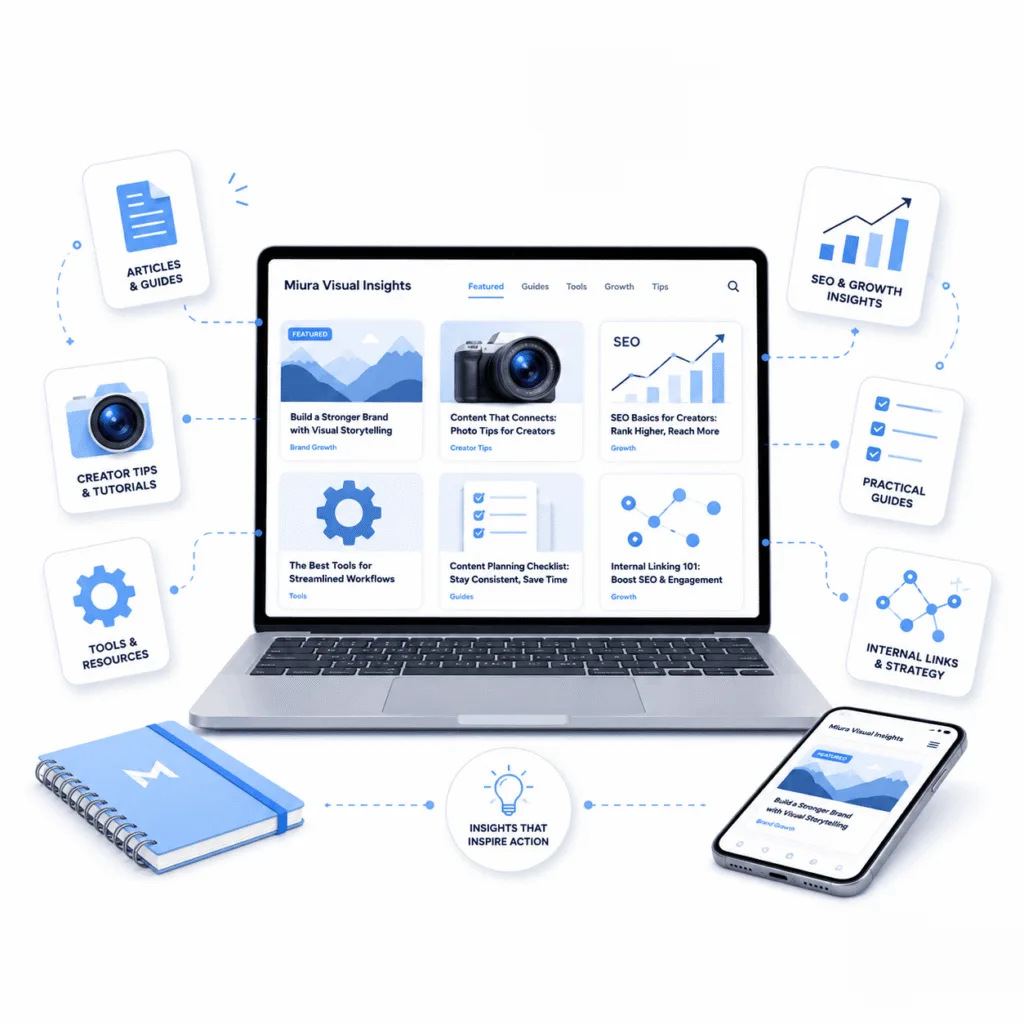 Miura Visual Insights hub illustration with a laptop, phone, notebook and category elements for creator tips, SEO, tools and practical guides on a white background