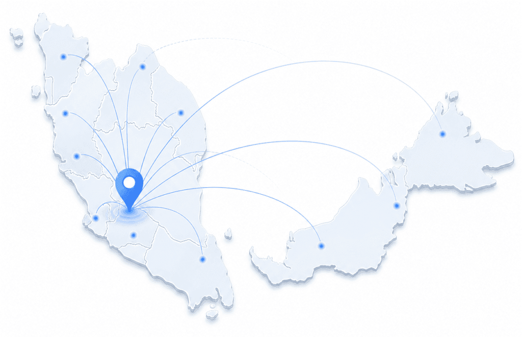 About Miura Visual | Story, Services & Evolution 29 Malaysia map with state boundaries, location points and connection lines representing projects and remote collaborations across Malaysia.