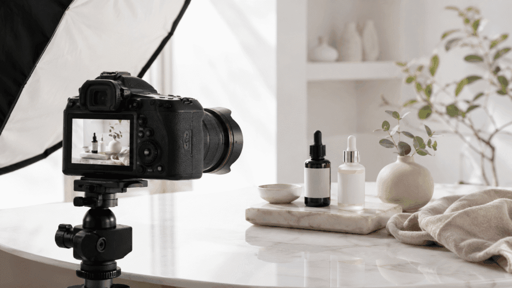 About Miura Visual | Story, Services & Evolution 34 Product photography setup with professional camera, lighting and styled products representing Miura Visual photography work.