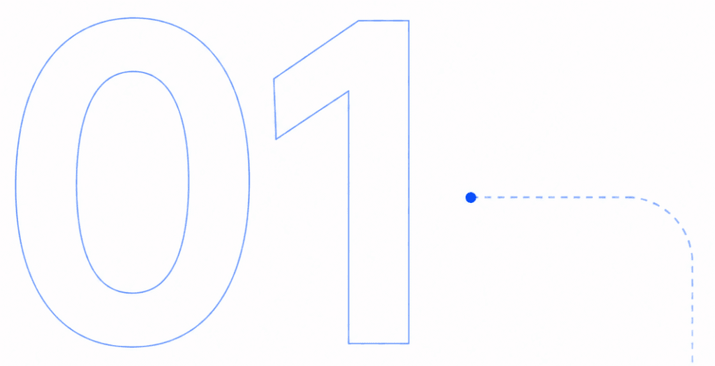 About Miura Visual | Story, Services & Evolution 26 Minimal white visual with the number 01 and blue connecting line representing Miura Visual's purpose before output principle.