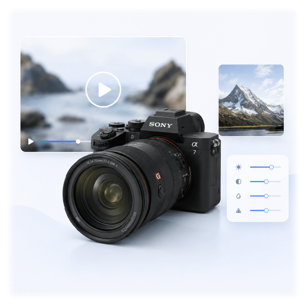 About Miura Visual | Story, Services & Evolution 24 Professional camera and visual editing elements representing Miura Visual photography, videography and post-production services.