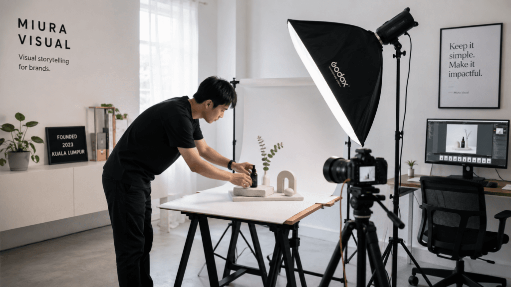 About Miura Visual | Story, Services & Evolution 18 Miura Visual photography studio setup in Malaysia with camera, softbox lighting and product photography workspace.