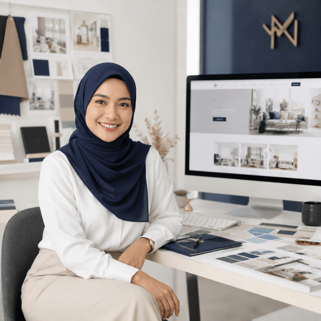 WordPress Website Maintenance Malaysia | Miura Visual 42 Smiling client in a clean design workspace with a completed website displayed on a desktop screen