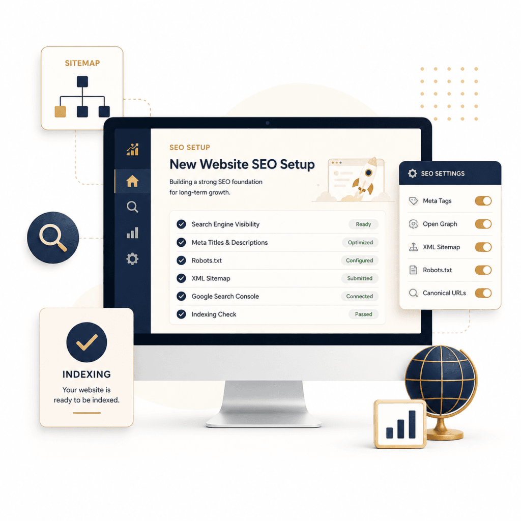 Desktop screen showing a new website SEO setup dashboard with sitemap, indexing and SEO settings elements.