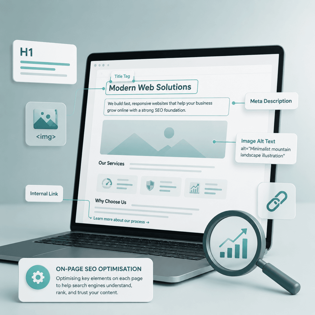 Laptop screen showing on-page SEO optimisation with title tag, meta description, image alt text and internal link elements.