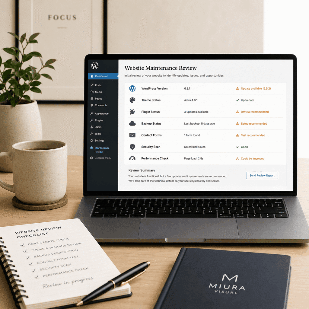 WordPress Website Maintenance Malaysia | Miura Visual 6 WordPress website maintenance review showing plugin, backup, form and performance checks
