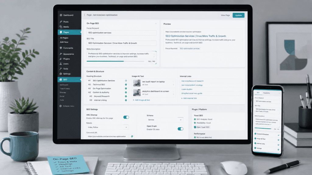 Desktop monitor and phone showing on-page SEO optimisation for metadata, headings, image alt text, internal links and plugin settings.