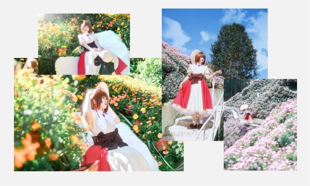 Outdoor cosplay photography featuring a character portrait in a colourful flower garden