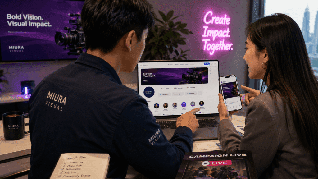 Brand Collaboration & Partnerships Malaysia | Miura Visual 40 Miura Visual and a partner reviewing a live joint campaign launch in Malaysia