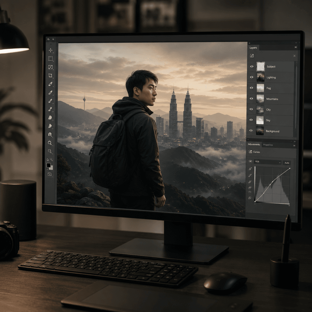 Photo Retouching Malaysia | Creative Editing & Compositing 9 Photo compositing workspace combining a subject, landscape, city and atmospheric elements into one final image