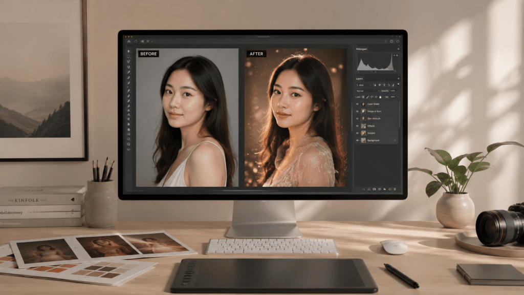 Photo Retouching Malaysia | Creative Editing & Compositing 42 Photo retouching workspace showing a before and after portrait comparison with creative effects on a desktop monitor