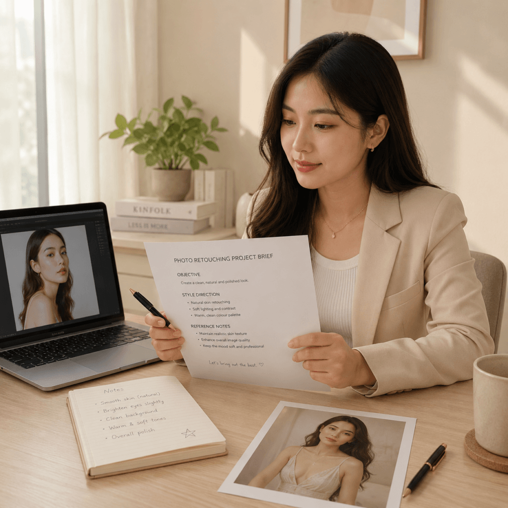 Photo Retouching Malaysia | Creative Editing & Compositing 10 Photo retouching project brief with portrait reference, editing notes and visual direction