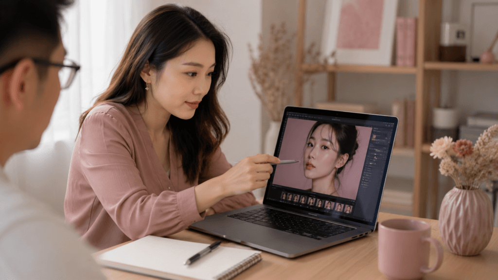 Photo Retouching Malaysia | Creative Editing & Compositing 40 Retouched portrait preview being reviewed and refined before final approval
