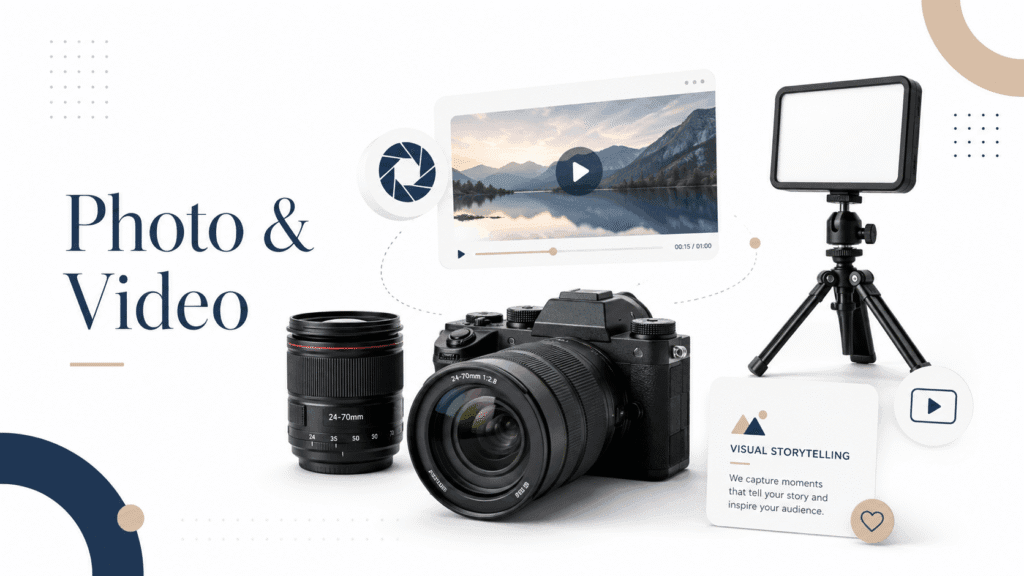 Miura Visual Insights | Content, SEO & Creator Growth 19 Photo and video setup with camera, lens, tripod light and visual storytelling elements on a white background
