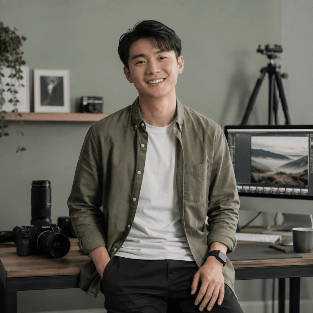 Photo Retouching Malaysia | Creative Editing & Compositing 43 Smiling photographer in a creative studio with camera equipment and photo editing workspace