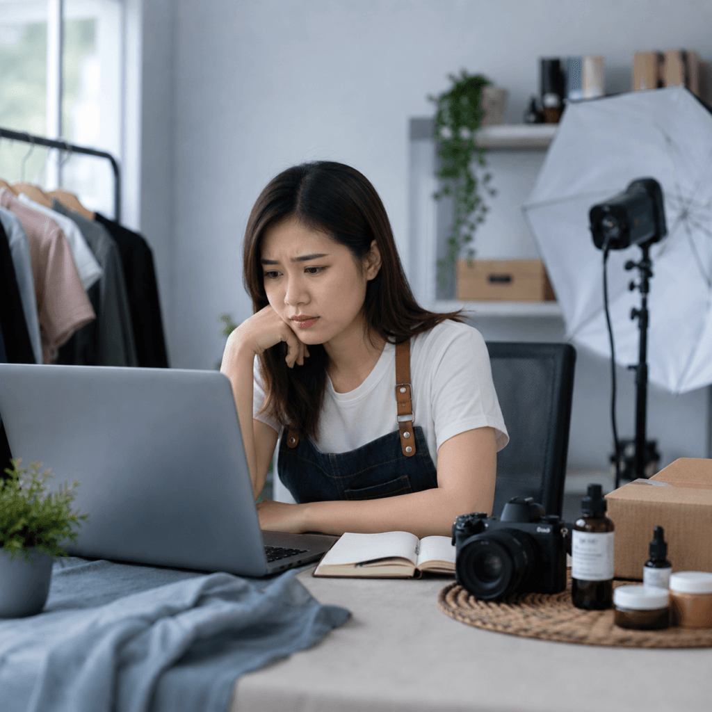 Photography Services Malaysia | Business, Product & Event 3 Malaysian Chinese creator looking concerned while working in a small photography and product studio