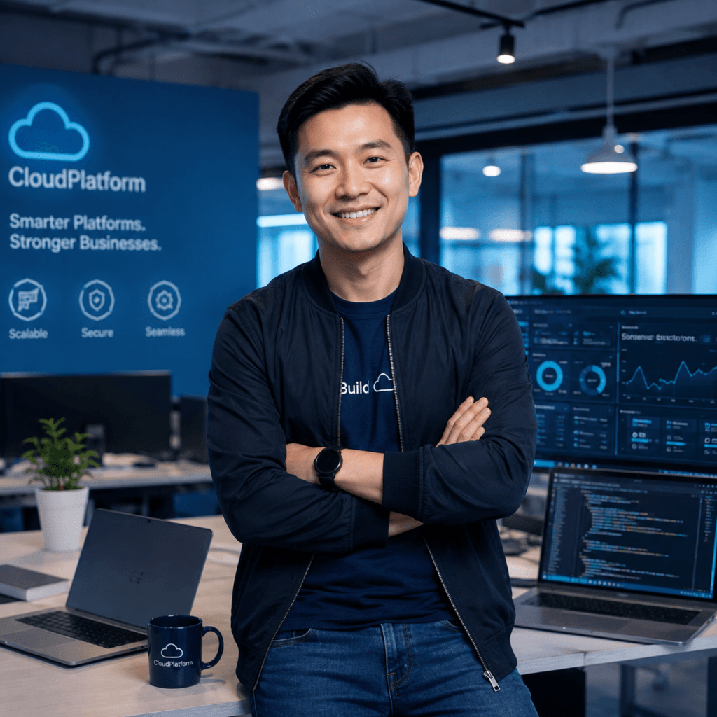 Brand Collaboration & Partnerships Malaysia | Miura Visual 43 Technology platform representative smiling in a modern software office in Malaysia