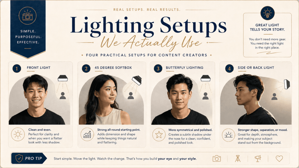 How Should You Build a Content Creator Lighting Setup? 4 Four practical lighting setups demonstrated with Malaysian Chinese models, including front light, 45-degree softbox, butterfly lighting and side or back lighting.