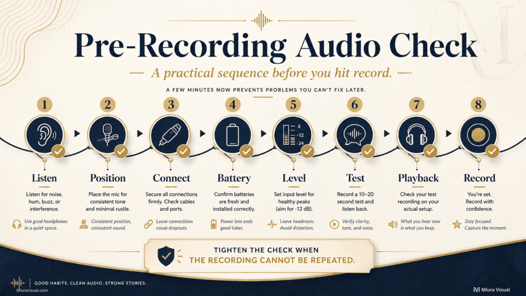 How to Improve Audio Recording for Video Before Editing 7 Pre-recording audio check covering environment, microphone position, connection, battery, levels, test playback and recording