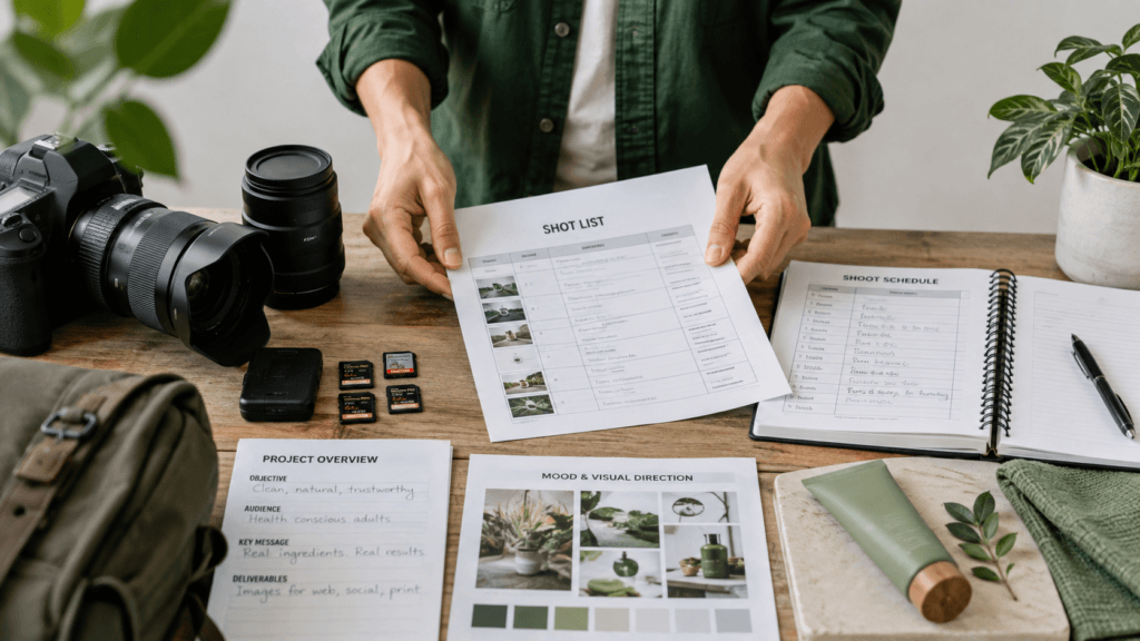 Photography Services Malaysia | Business, Product & Event 39 Photography preparation table with shot list, schedule, camera gear and visual direction materials