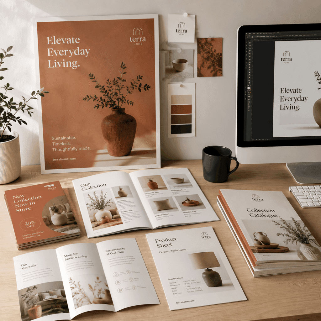 Graphic Design Services Malaysia | Miura Visual 9 Print and promotional material design workspace with brochure, poster and catalogue visuals