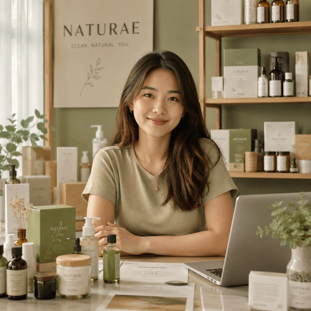 Graphic Design Services Malaysia | Miura Visual 43 Product brand owner portrait in a beauty product studio with packaging and marketing materials