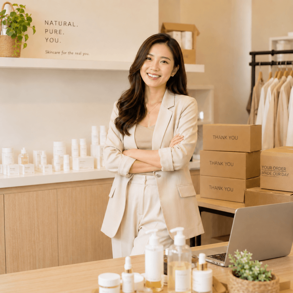 Videography Services Malaysia | Product & Business Videos 43 Local Chinese woman smiling in a skincare brand studio with product displays, packaging boxes and a business workspace