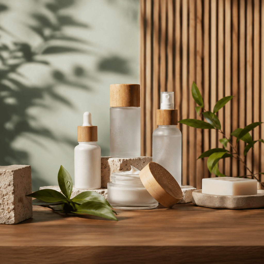 Photography Services Malaysia | Business, Product & Event 5 Minimal skincare product arrangement photographed on a wooden table with natural light