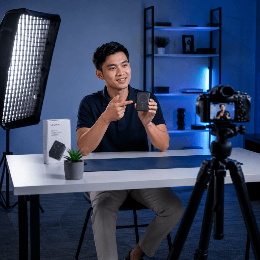 Videography Services Malaysia | Product & Business Videos 4 Professional product demonstration video setup in Malaysia with a local presenter showing a magnetic wireless power bank in a studio