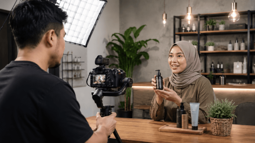 Videography Services Malaysia | Product & Business Videos 39 Behind-the-scenes product videography shoot with a local presenter demonstrating skincare products in a professional studio