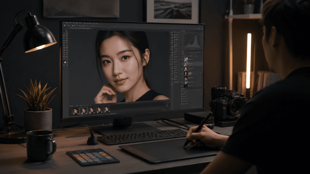 Photo Retouching Malaysia | Creative Editing & Compositing 39 Professional photo retouching in progress using detailed image editing tools and a graphics tablet
