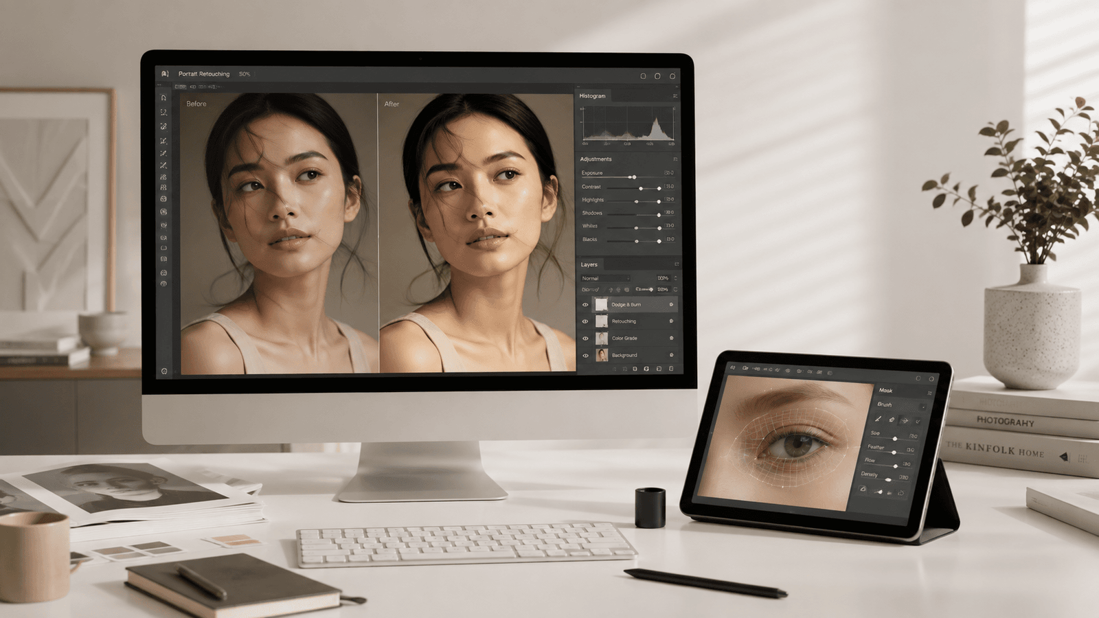 Photo Retouching Malaysia | Creative Editing & Compositing 2 Professional photo retouching workspace showing before and after portrait editing and detailed image refinement