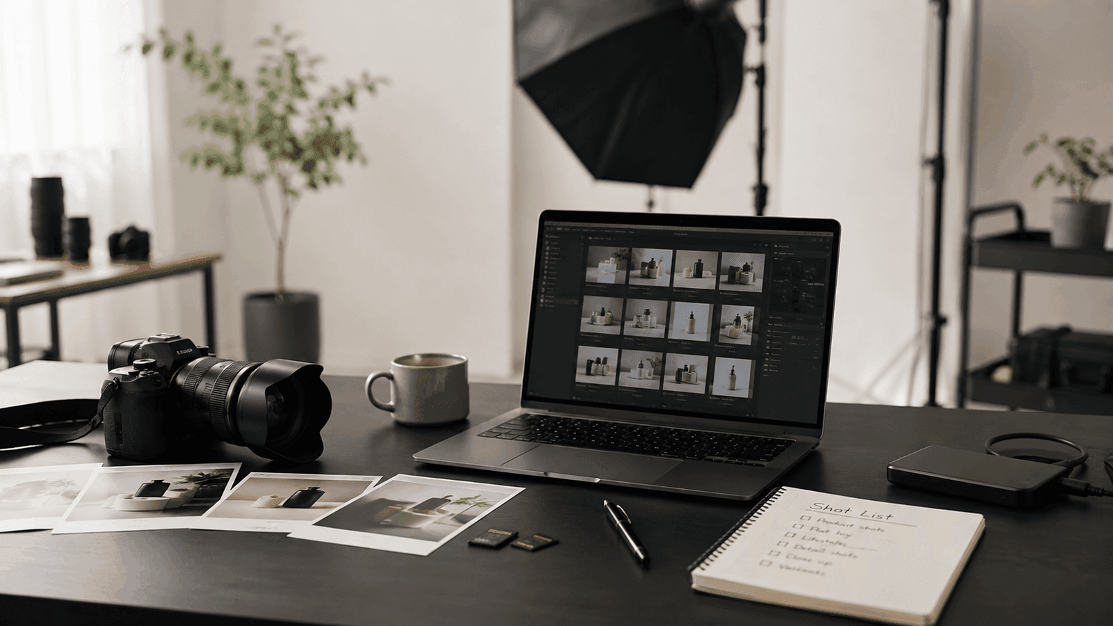 Photography Services Malaysia | Business, Product & Event 2 Professional photography services workspace with camera, laptop, edited product images, shot list and studio lighting