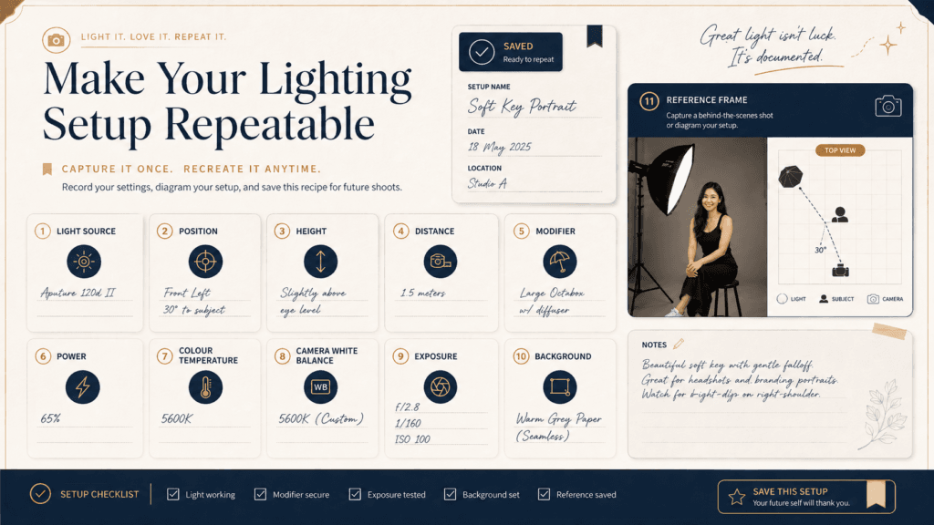 How Should You Build a Content Creator Lighting Setup? 7 Repeatable lighting setup record showing light position, height, distance, modifier, power, colour temperature, white balance, exposure and reference frame.