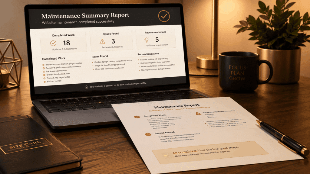 WordPress Website Maintenance Malaysia | Miura Visual 38 Website maintenance summary report showing completed work, issues found and recommendations