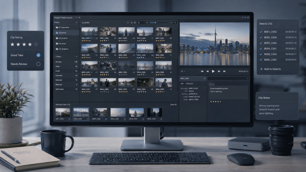 Video Editing Services Malaysia | Social & Short-Form Videos 38 Video editing workspace showing footage review, clip ratings and selected takes