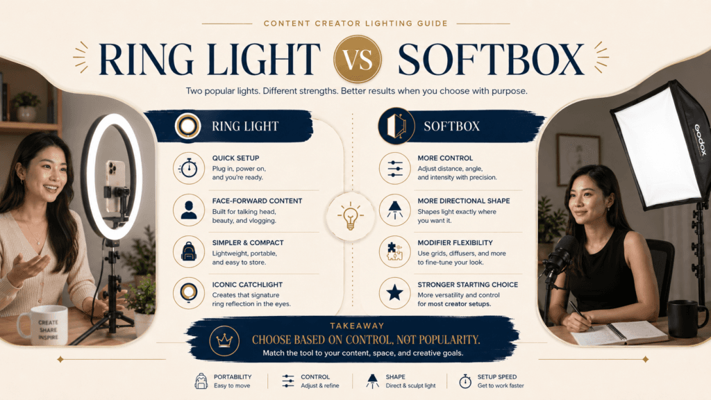 How Should You Build a Content Creator Lighting Setup? 6 Ring light vs softbox comparison for content creators showing differences in setup speed, portability, light shaping and creative control.