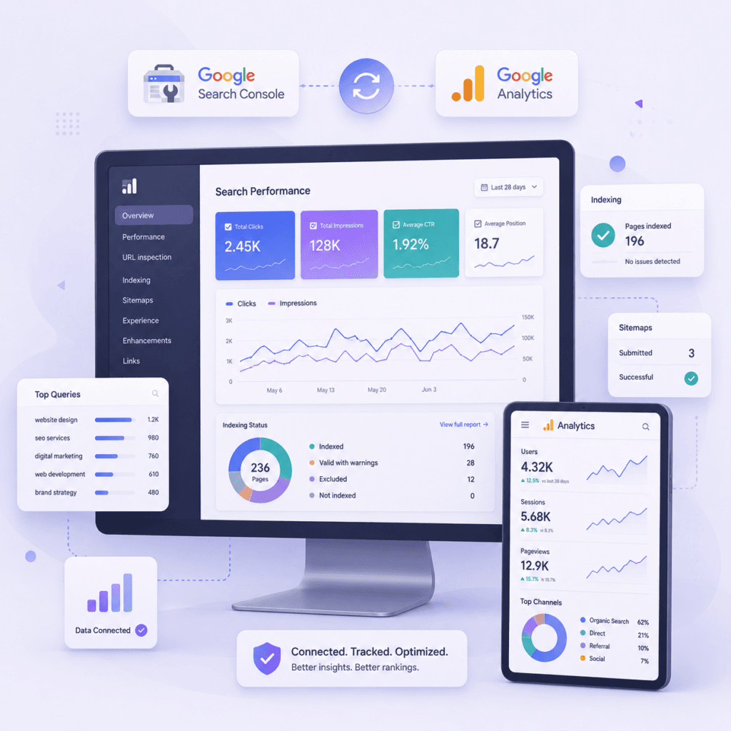 Monitor and tablet showing Google Search Console and Google Analytics setup with search performance, indexing and tracking data panels.