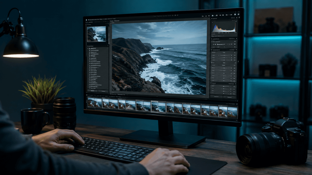 Photography Services Malaysia | Business, Product & Event 41 Photo editing workstation with a monitor displaying image editing software and selected photos