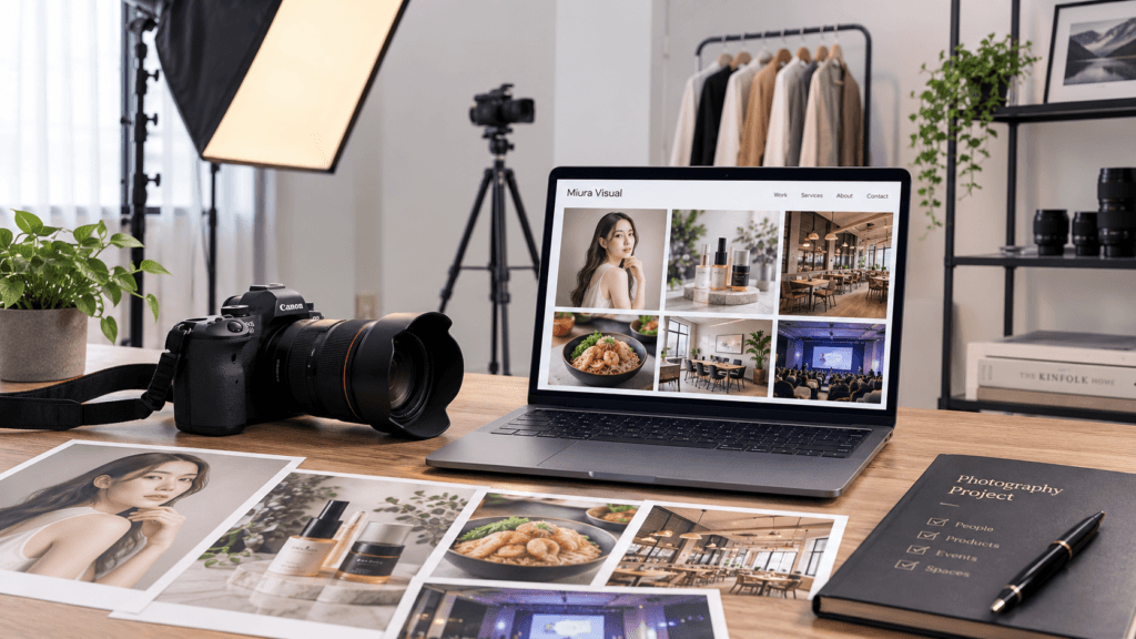 Photography Services Malaysia | Business, Product & Event 43 Professional photography portfolio displayed on a laptop with camera, printed portraits, product, food, interior and event images