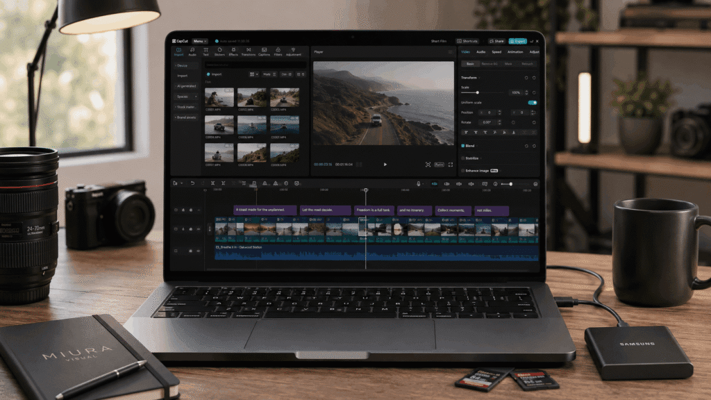 Videography Services Malaysia | Product & Business Videos 42 Laptop displaying a CapCut video editing timeline with multiple footage clips, captions and production files for selected videography work