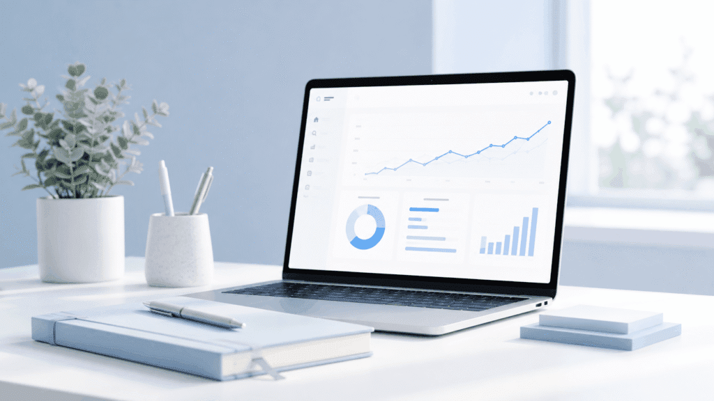 Brand & Creator Economy | SEO, Affiliate & Growth 6 SEO and digital presence workspace with laptop analytics dashboard, notebook and plant in a light blue office setting