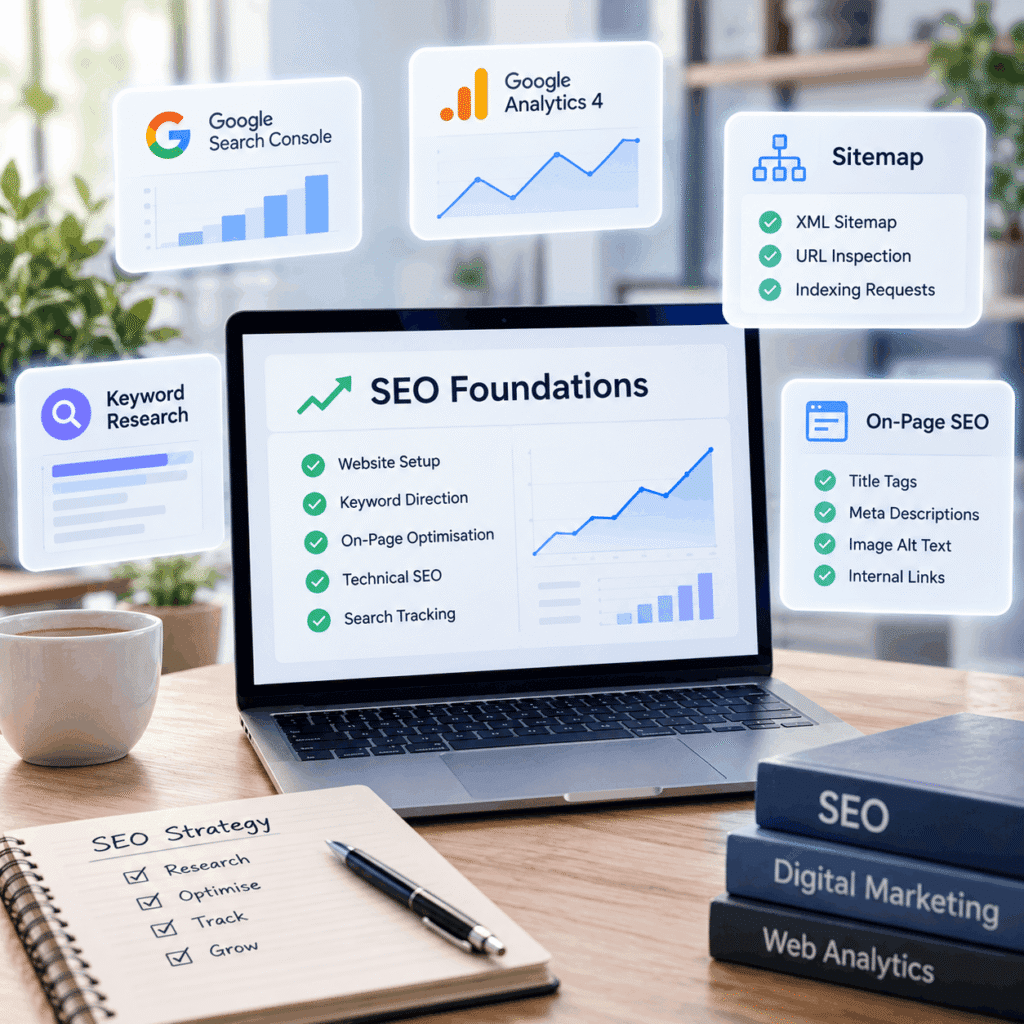 Laptop displaying an SEO foundations dashboard with Search Console, Google Analytics, sitemap, keyword research and on-page SEO elements.